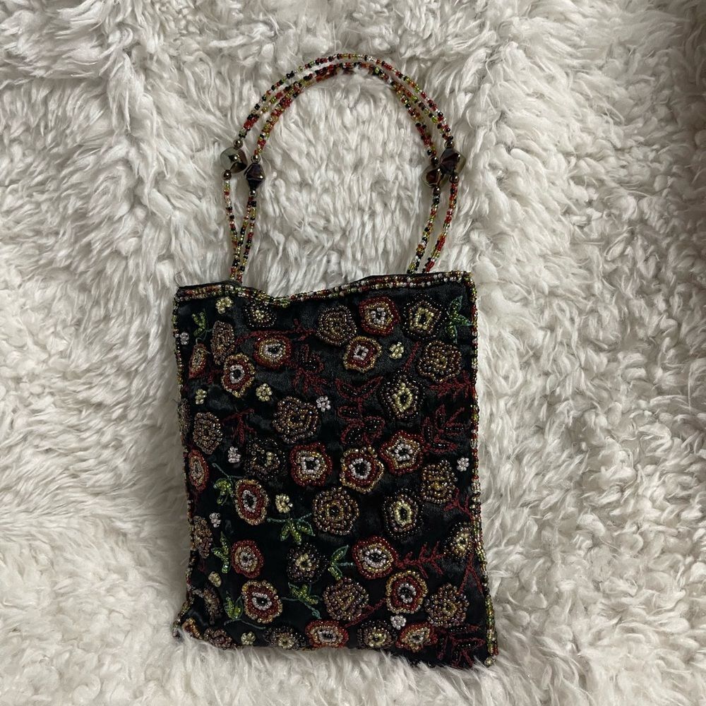 Christian Livingston Collection  black  beaded multi color embroidery handbag